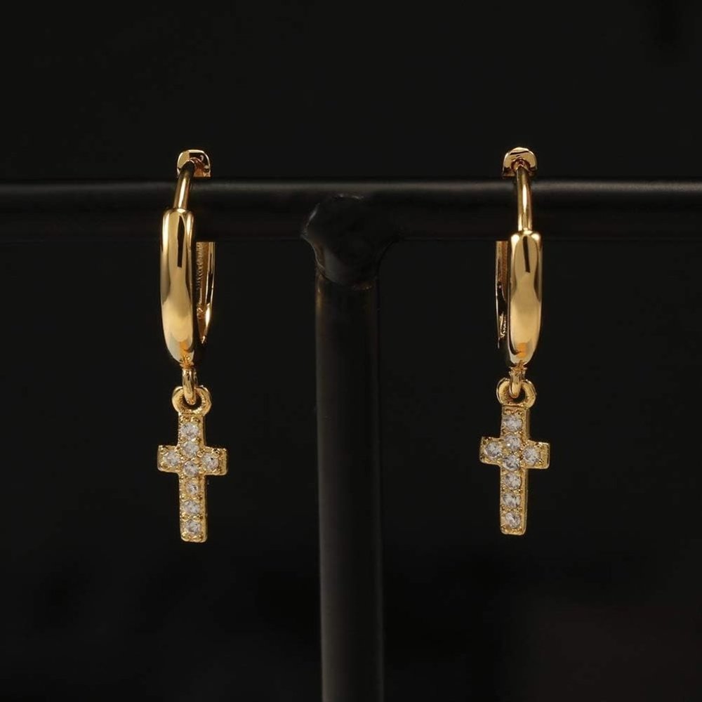 Cross CZ Gold Dangle Earrings